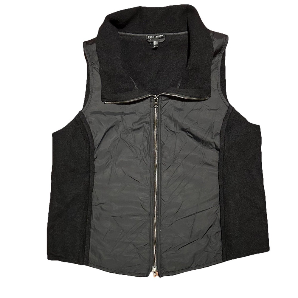 Eileen Fisher‎ Womens Black Boiled Wool Knit Park Trim Zip Vest Sz Petite XS